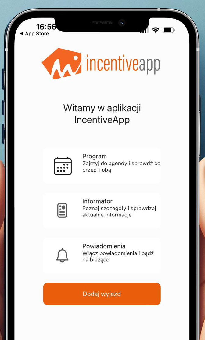 Ekran startowy aplikacji z przyciskiem Dodaj wyjazd